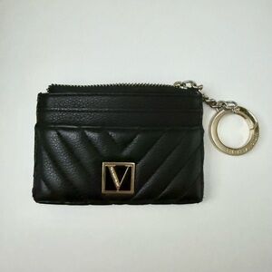 Victoria’s Secret Black Quilted Slim Card Holder Coin Wallet with Gold Keychain